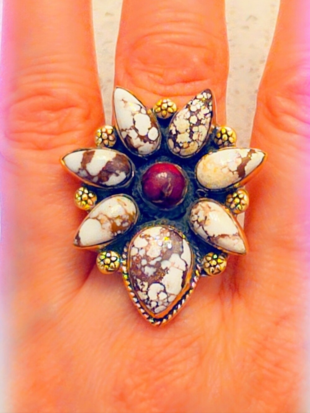 WILDHORSE RED ROSE DAHLIA GEMSTONE RING, IN COPPER, ADJUSTABLE SIZE